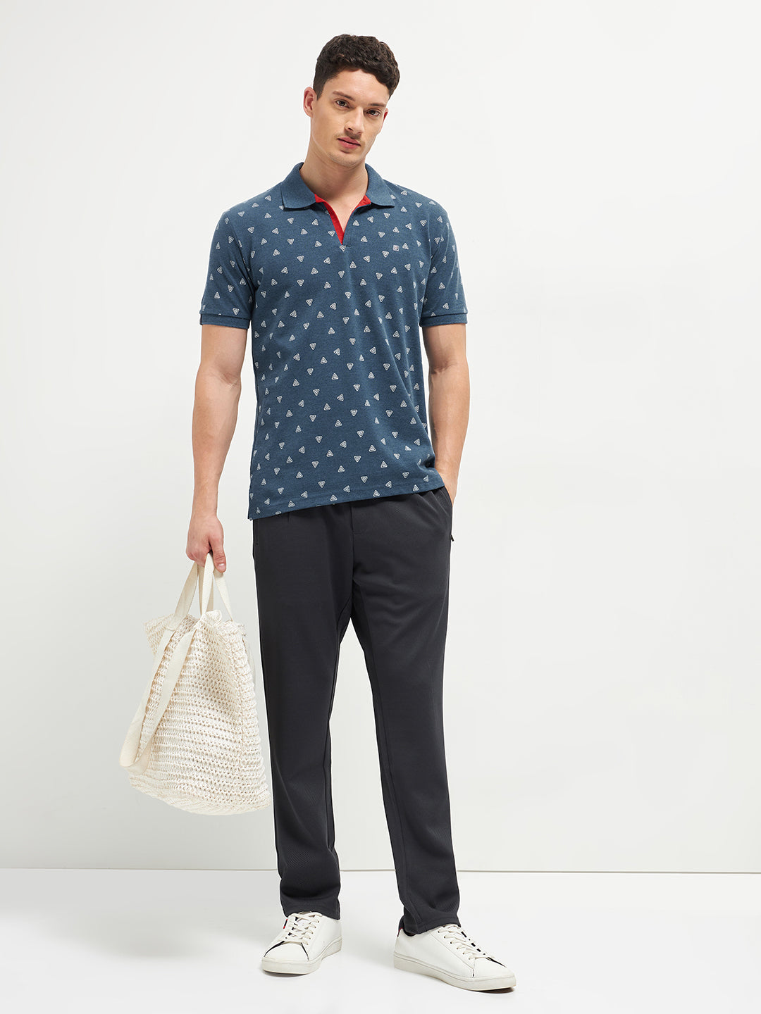 Navy Melange Printed Polo T Shirt