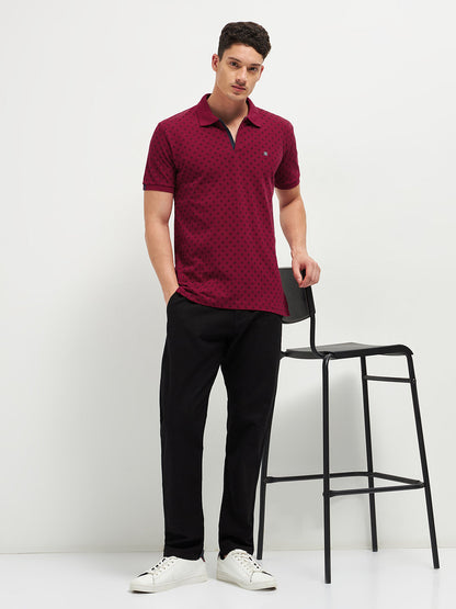 Maroon Printed Polo T Shirt