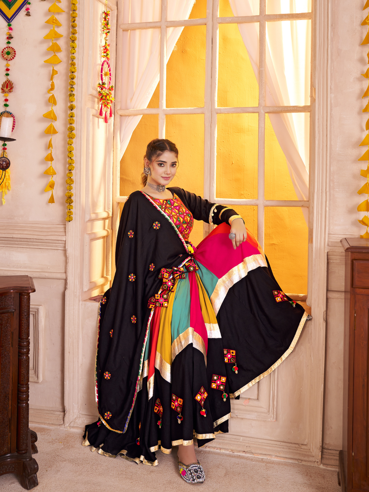 Odette Multicolor Viscose Cotton Embroidered Semi-Stitched Lehenga Choli For Women