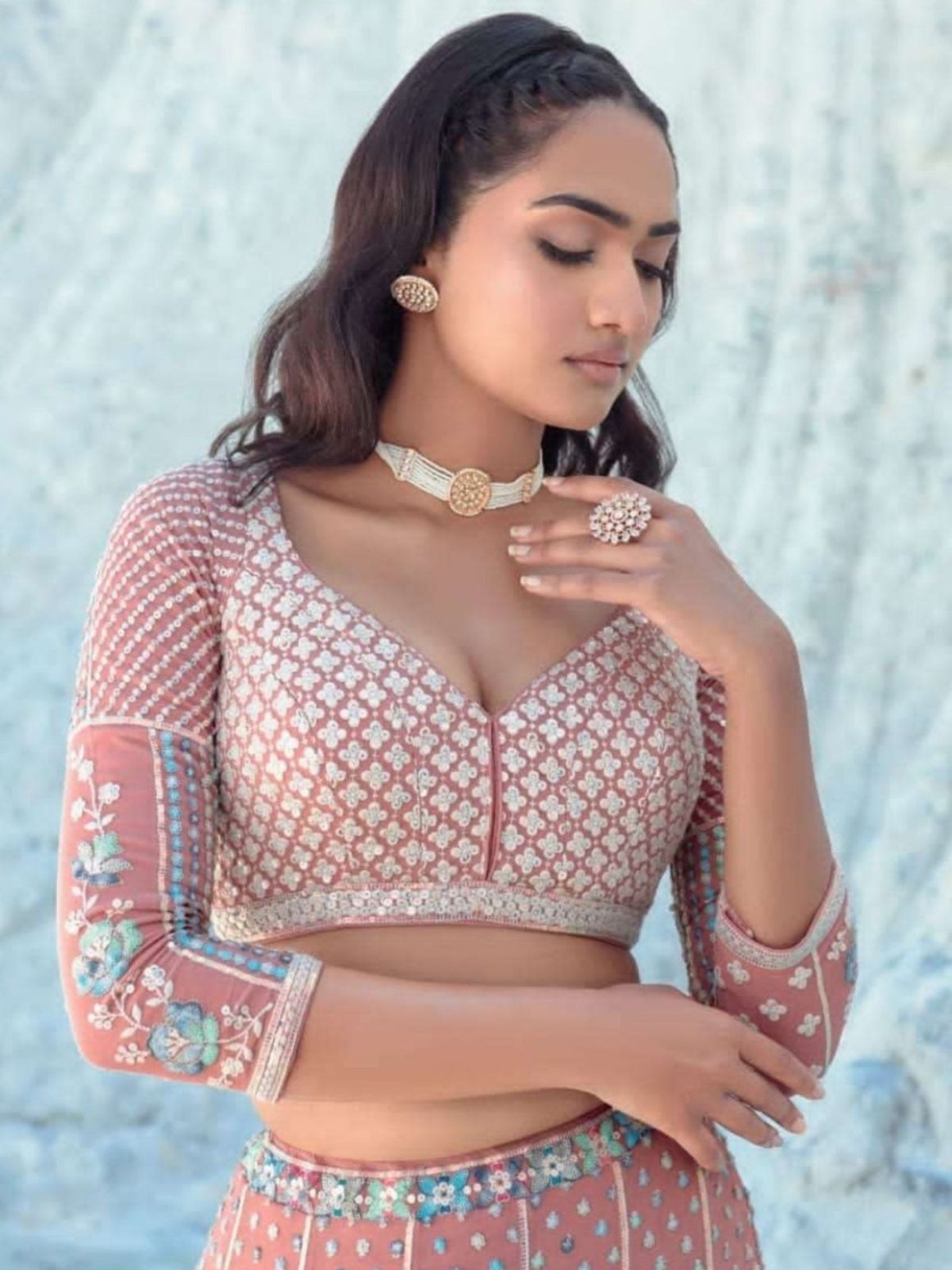 Odette Peach Georgette Embellished Semi-Stitched lehenga For Women