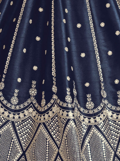 Odette Navy Blue Art Silk Embroidered Semi-Stitched lehenga For Women
