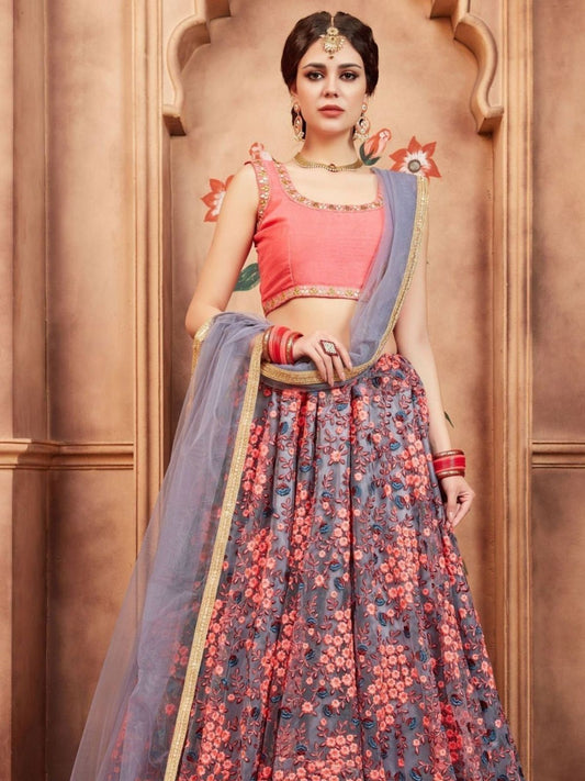 Odette Grey Net Embroidered Semi-Stitched lehenga For Women