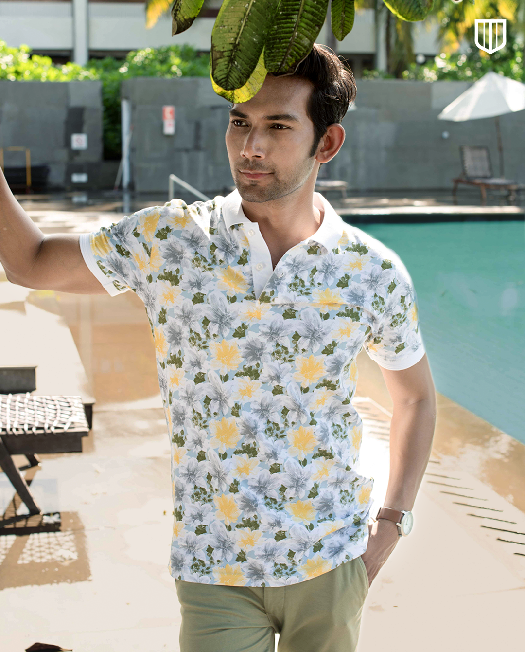 White Floral Printed Polo T Shirt