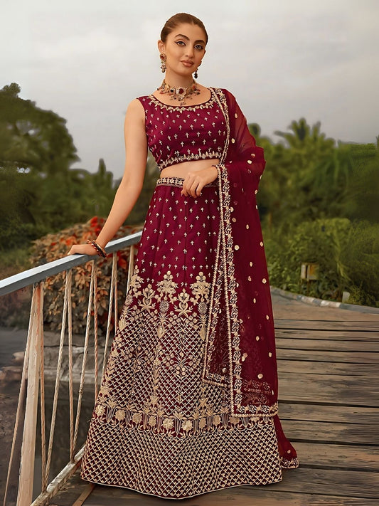 Odette Maroon Satin Silk Embroidered Semi-Stitched Lehenga For Women