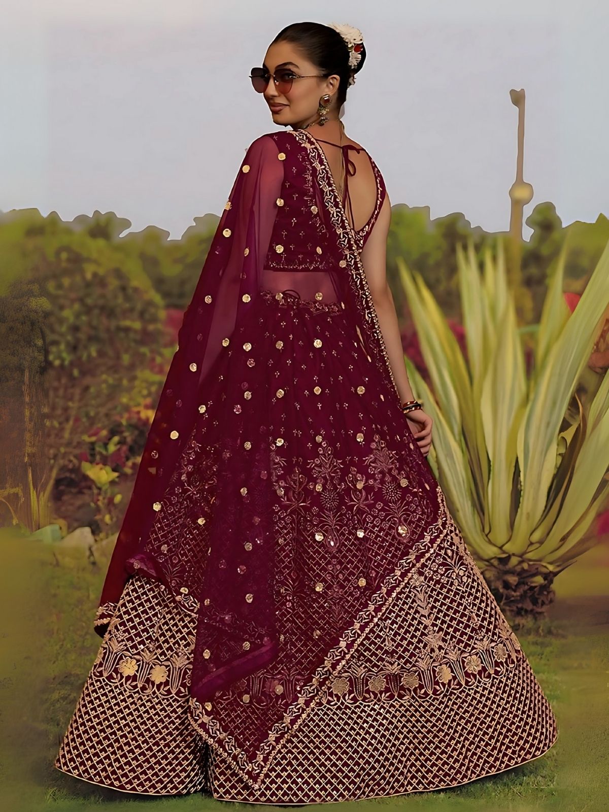 Odette Maroon Satin Silk Embroidered Semi-Stitched Lehenga For Women