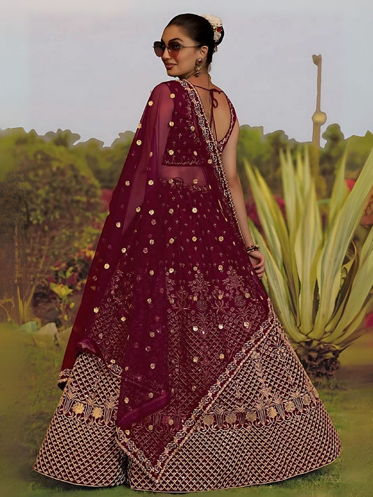 Odette Maroon Satin Silk Embroidered Semi-Stitched Lehenga For Women