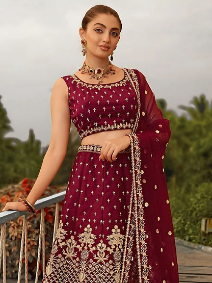 Odette Maroon Satin Silk Embroidered Semi-Stitched Lehenga For Women