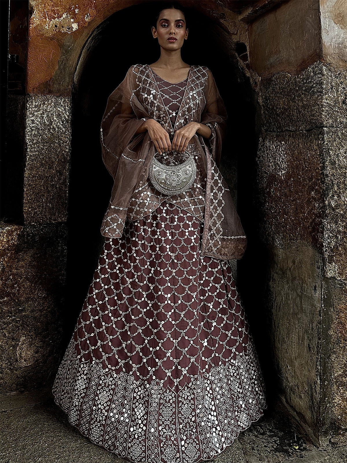 Odette Women Brown Georgette Semi Stitched Lehenga With Unstitched Blouse