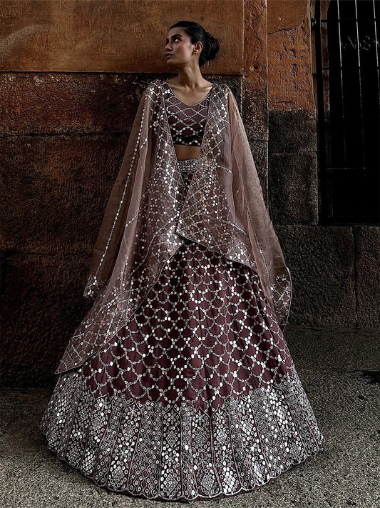 Odette Women Brown Georgette Semi Stitched Lehenga With Unstitched Blouse