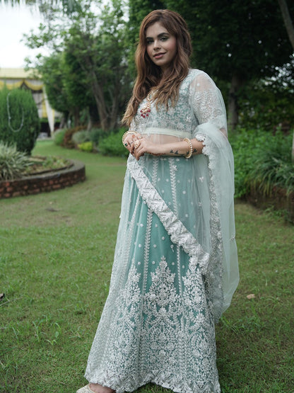 Odette Women Green Net Semi Stitched Lehenga With Unstitched Blouse