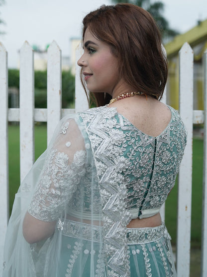 Odette Women Green Net Semi Stitched Lehenga With Unstitched Blouse