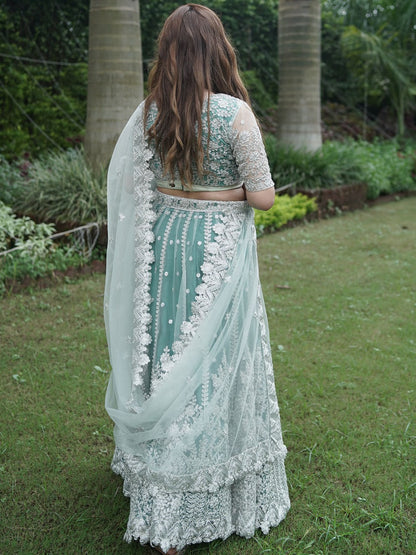 Odette Women Green Net Semi Stitched Lehenga With Unstitched Blouse