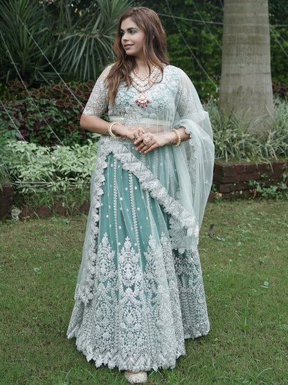 Odette Women Green Net Semi Stitched Lehenga With Unstitched Blouse