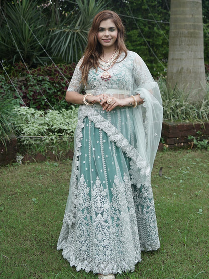 Odette Women Green Net Semi Stitched Lehenga With Unstitched Blouse