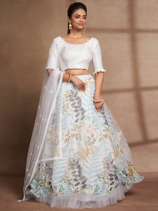 Odette Women White Net Printed Semi Stitched Lehenga Choli