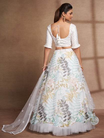 Odette Women White Net Printed Semi Stitched Lehenga Choli