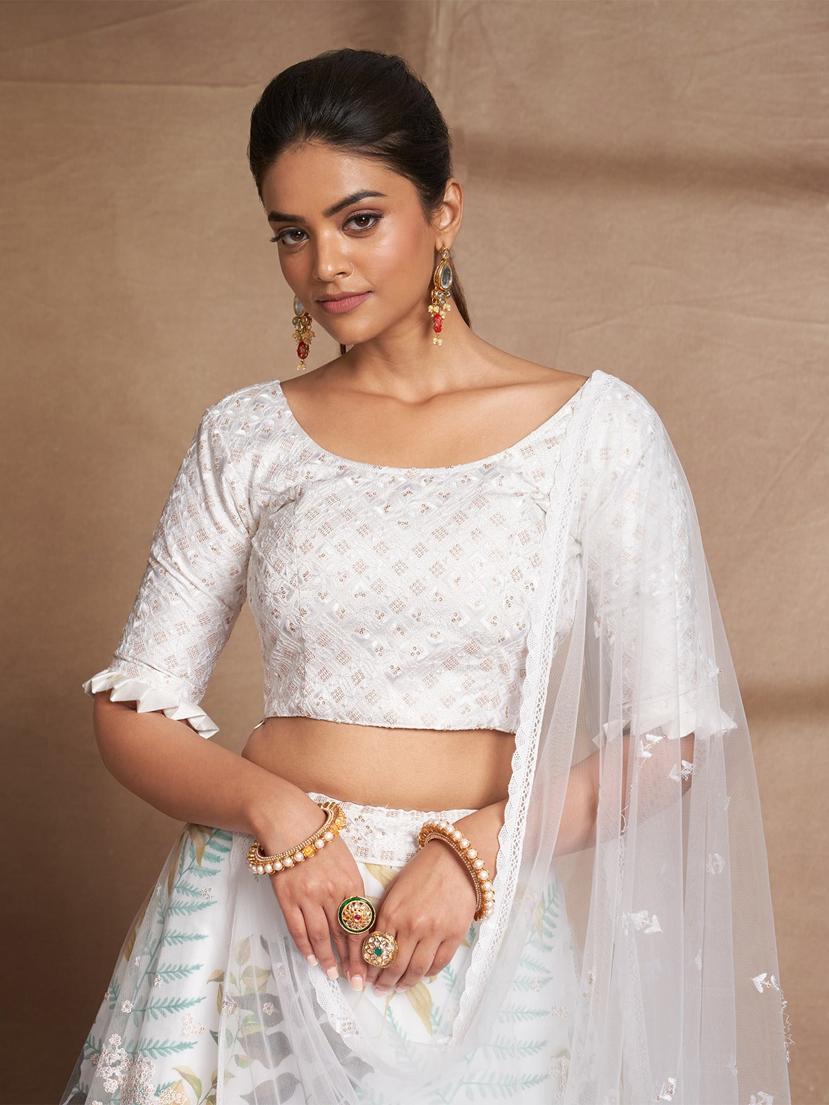 Odette Women White Net Printed Semi Stitched Lehenga Choli