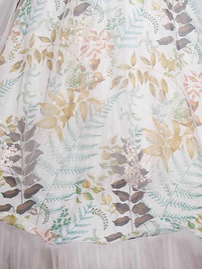 Odette Women White Net Printed Semi Stitched Lehenga Choli