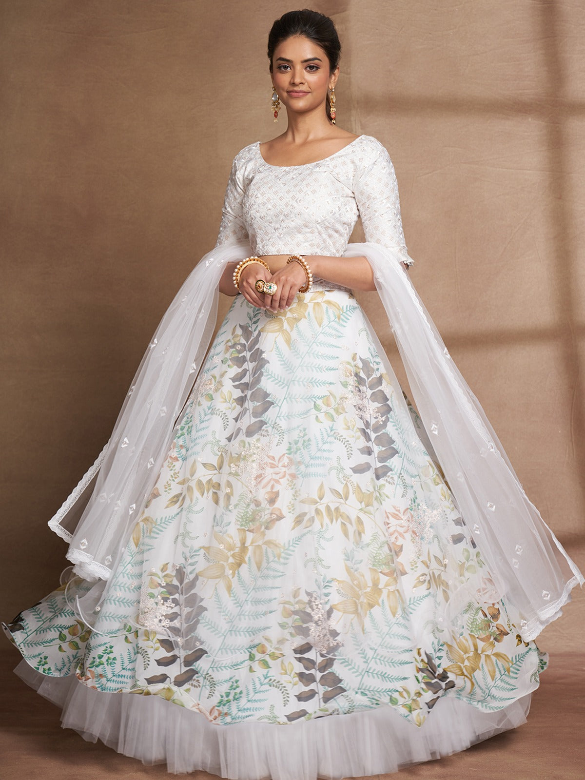 Odette Women White Net Printed Semi Stitched Lehenga Choli