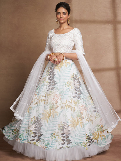 Odette Women White Net Printed Semi Stitched Lehenga Choli