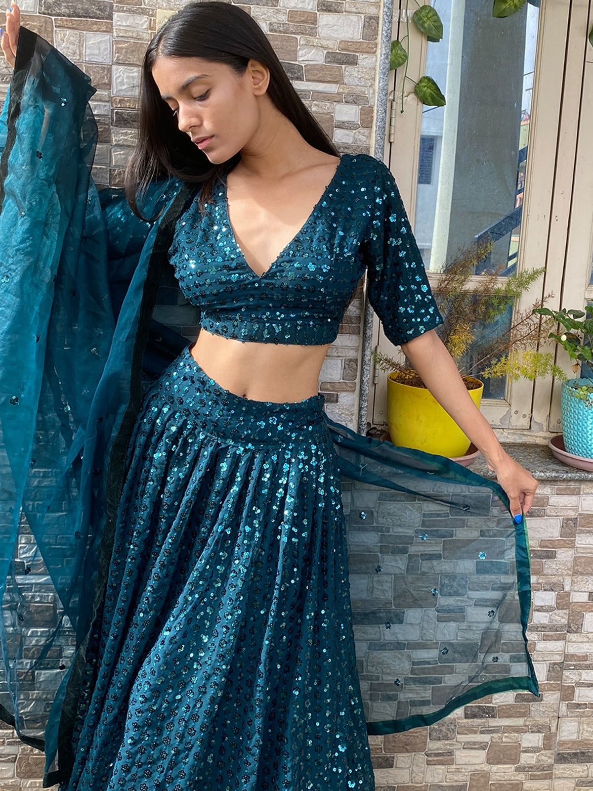 Odette Women Designer Green Georgette Semi Stitched Lehenga With Unstitched Blouse