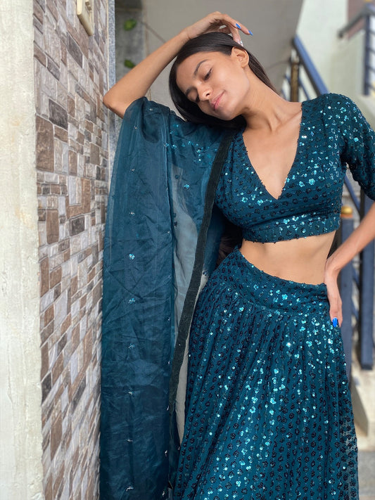 Odette Women Designer Green Georgette Semi Stitched Lehenga With Unstitched Blouse