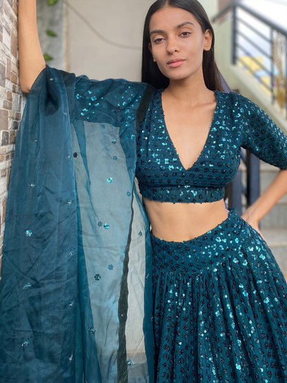 Odette Women Designer Green Georgette Semi Stitched Lehenga With Unstitched Blouse