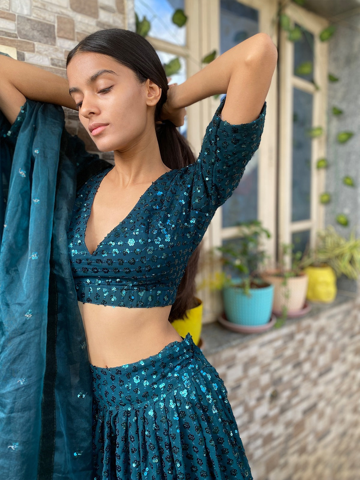 Odette Women Designer Green Georgette Semi Stitched Lehenga With Unstitched Blouse