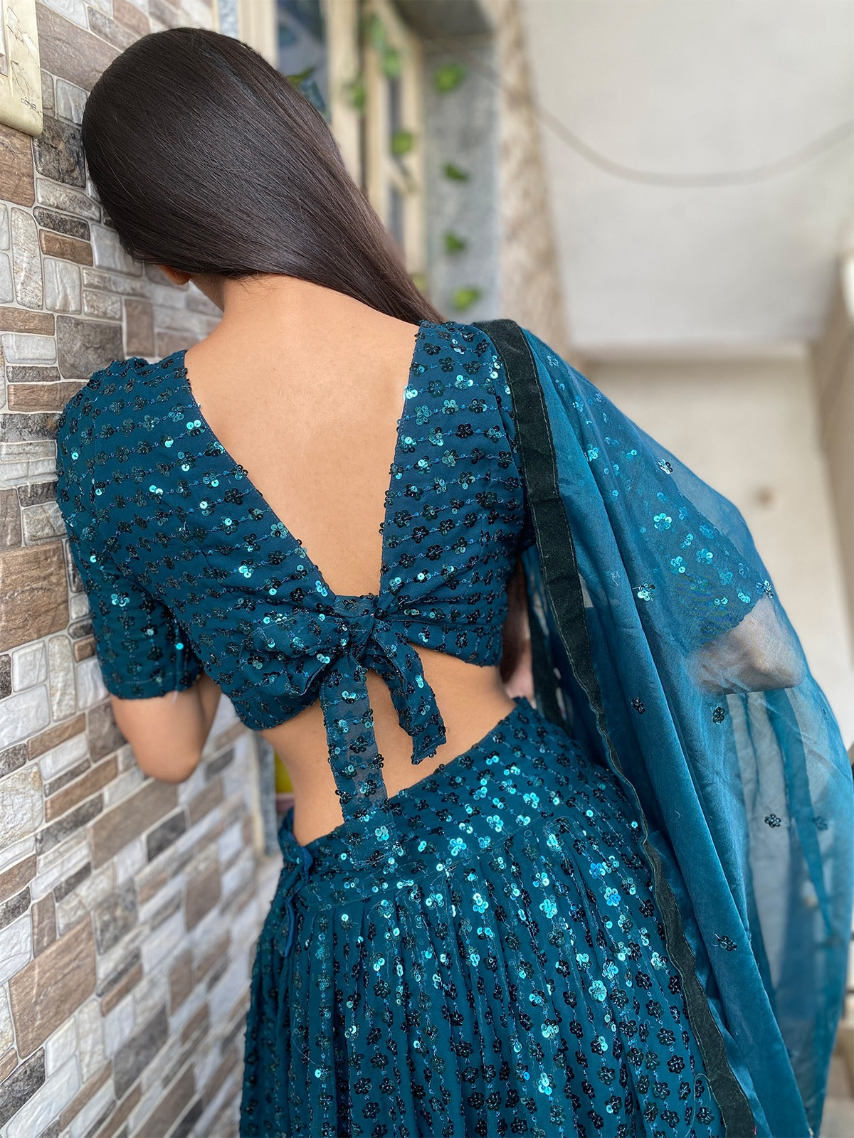 Odette Women Designer Green Georgette Semi Stitched Lehenga With Unstitched Blouse