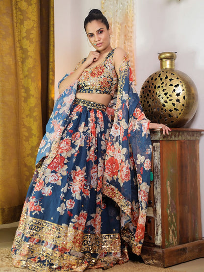 Odette Women Blue Lehenga Poly Georgette Blouse