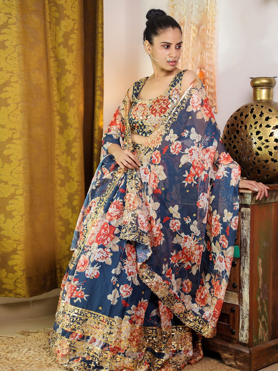 Odette Women Blue Lehenga Poly Georgette Blouse