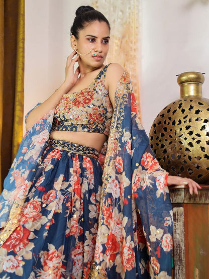 Odette Women Blue Lehenga Poly Georgette Blouse