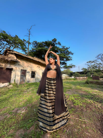 Odette Women Black Sequence Semi Stitched Lehenga With Unstitched Blouse