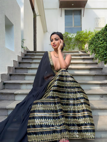 Odette Women Black Sequence Semi Stitched Lehenga With Unstitched Blouse