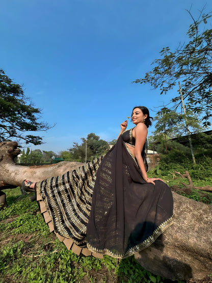 Odette Women Black Sequence Semi Stitched Lehenga With Unstitched Blouse