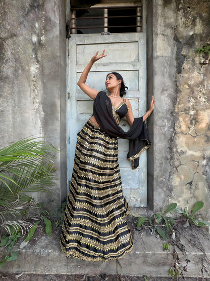 Odette Women Black Sequence Semi Stitched Lehenga With Unstitched Blouse
