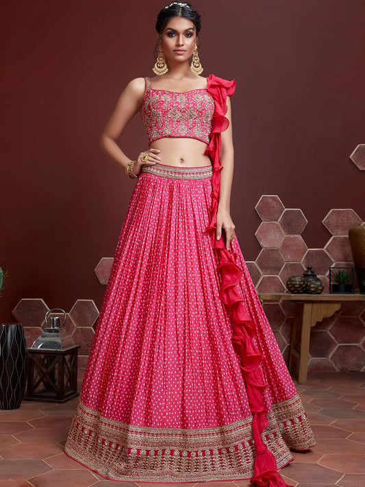 Odette Pink Chinon Silk Embroidered Semi Stitched Lehenga With Unstitched Blouse For Women