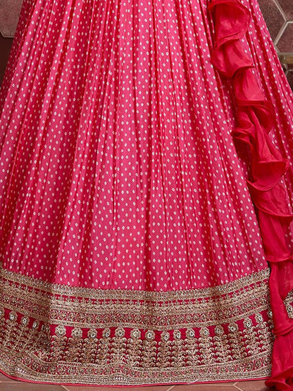 Odette Pink Chinon Silk Embroidered Semi Stitched Lehenga With Unstitched Blouse For Women