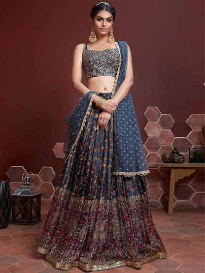 Odette Blue Chinon Silk Embellished Semi Stitched Lehenga With Unstitched Blouse For Women