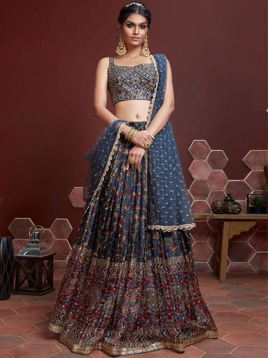 Odette Blue Chinon Silk Embellished Semi Stitched Lehenga With Unstitched Blouse For Women
