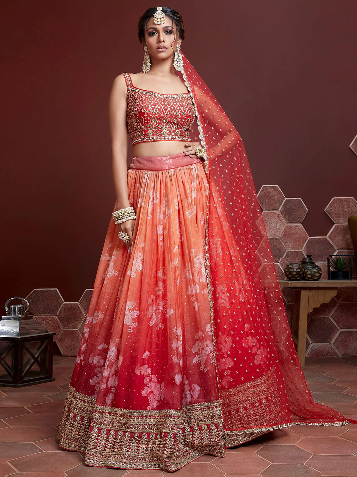 Odette Orange Organza Silk Embellished Semi Stitched Lehenga With Unstitched Blouse For Women