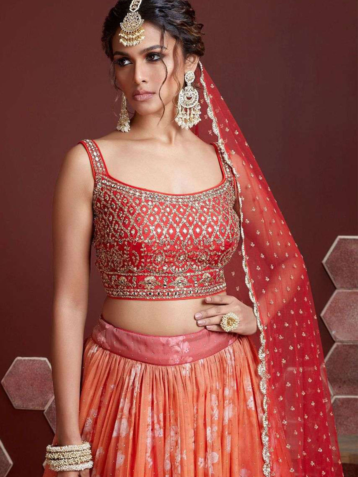 Odette Orange Organza Silk Embellished Semi Stitched Lehenga With Unstitched Blouse For Women