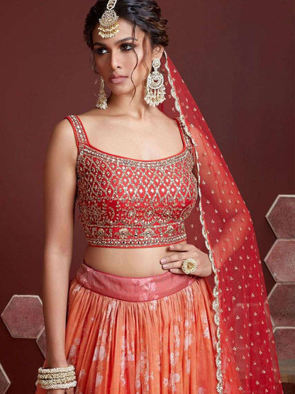 Odette Orange Organza Silk Embellished Semi Stitched Lehenga With Unstitched Blouse For Women