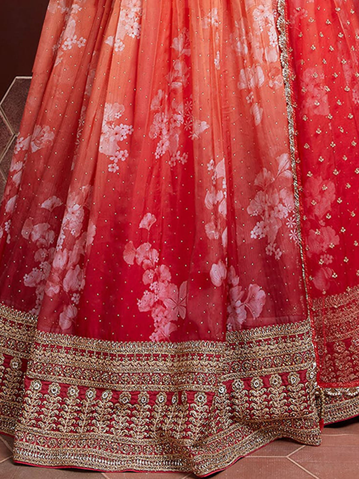 Odette Orange Organza Silk Embellished Semi Stitched Lehenga With Unstitched Blouse For Women