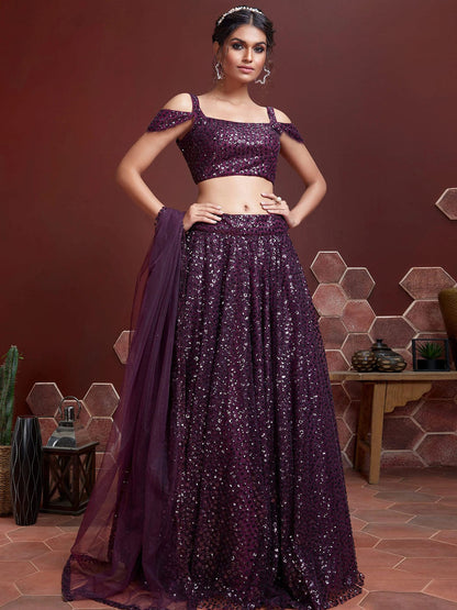 Odette Purple Soft Net Embellished Semi Stitched Lehenga With Unstitched Blouse For Women