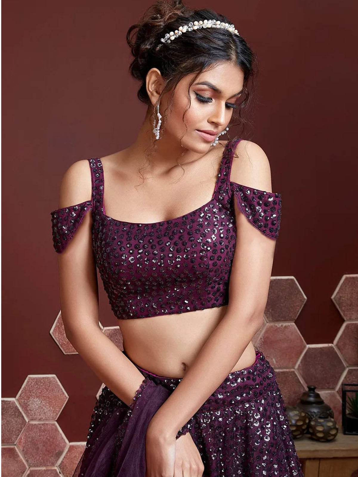 Odette Purple Soft Net Embellished Semi Stitched Lehenga With Unstitched Blouse For Women