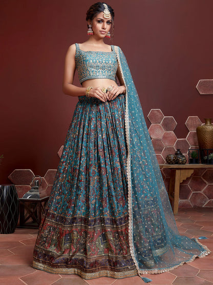 Odette Blue Chinon Silk Embellished Semi Stitched Lehenga With Unstitched Blouse For Women