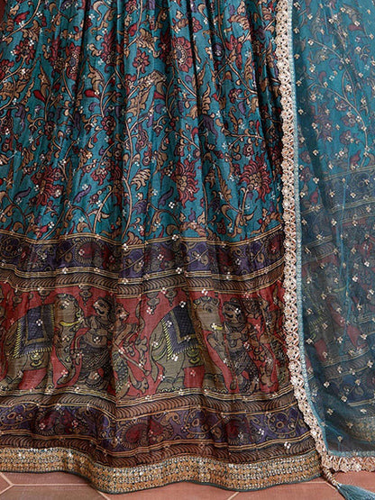 Odette Blue Chinon Silk Embellished Semi Stitched Lehenga With Unstitched Blouse For Women