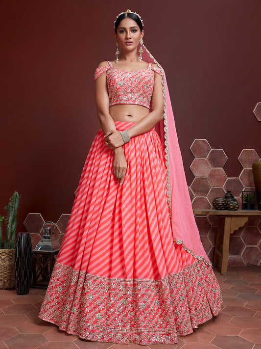 Odette Peach And Pink Organza Silk Embellished Semi Stitched Lehenga With Unstitched Blouse For Women