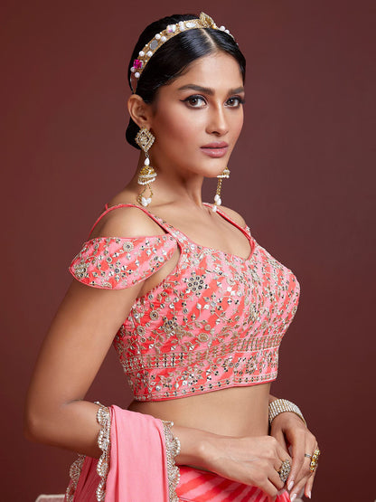 Odette Peach And Pink Organza Silk Embellished Semi Stitched Lehenga With Unstitched Blouse For Women